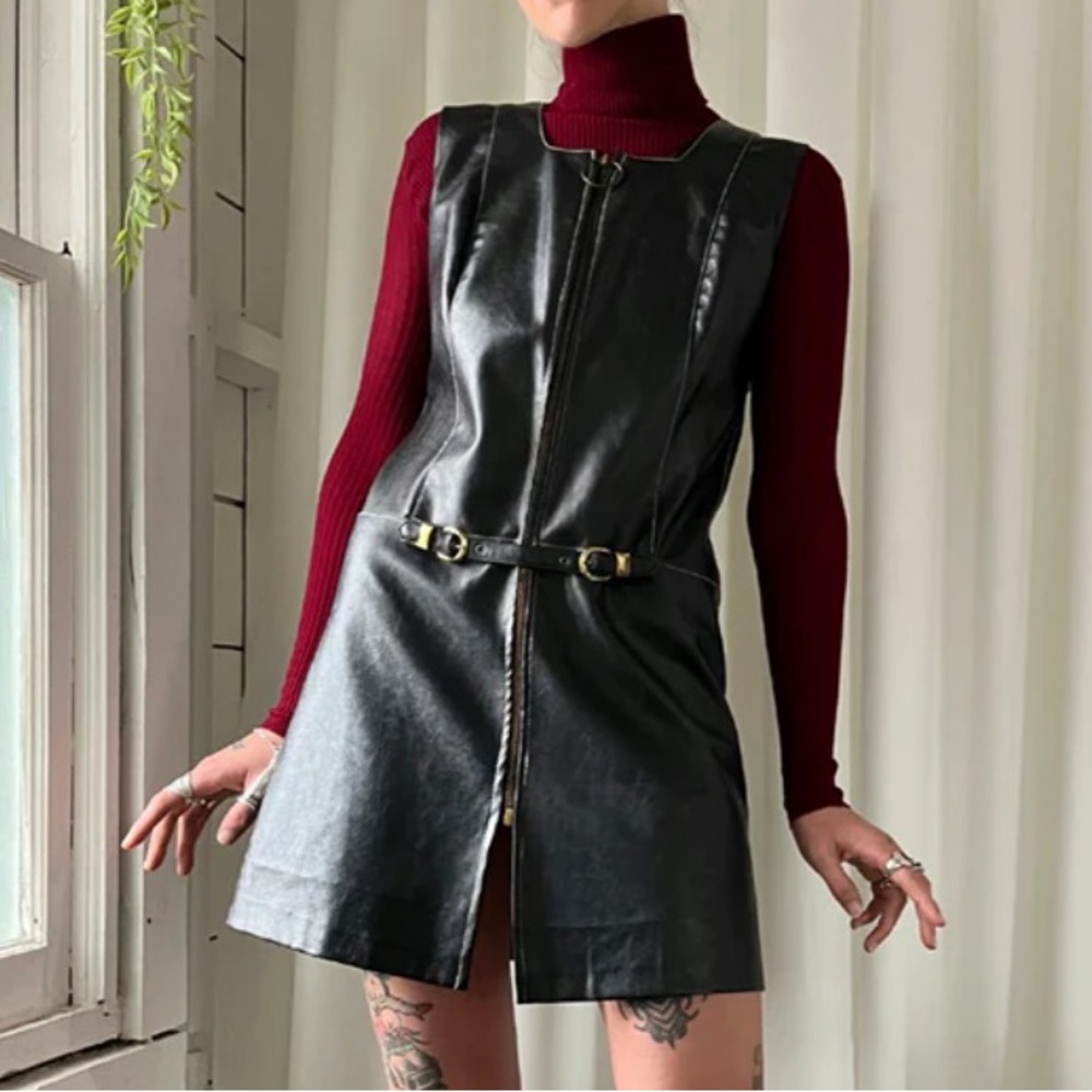 60s mod vintage leather look zip front mini shift dress small to medium